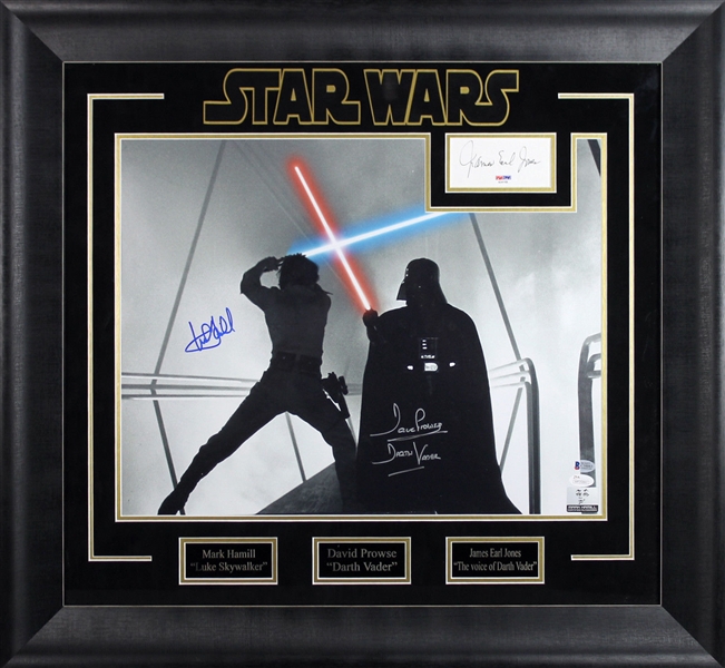 Star Wars: Mark Hamill, David Prowse & James Earl Jones Signed 16" x 20" Framed Signature Display (PSA/DNA, JSA & BAS/Beckett)