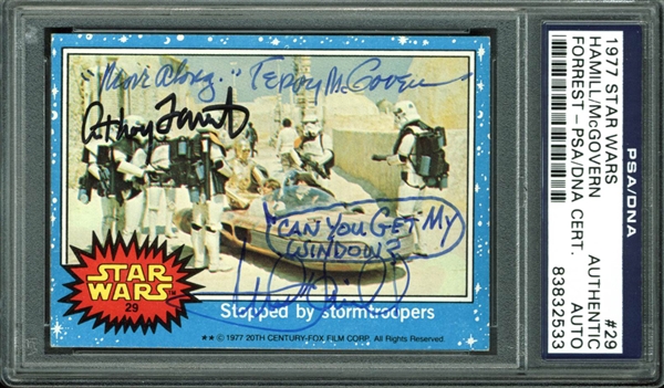 Mark Hamill, Anthony Forrest & Terry McGovern Signed 1977 Topps Star Wars Trading Card #29 with Great Hamill Inscription! (PSA/DNA Encapsulated)