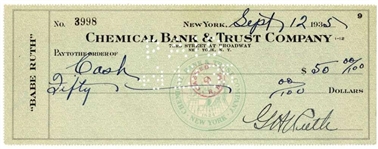 Babe Ruth Near-Mint Double Signed 1935 Bank Check (Beckett/BAS)