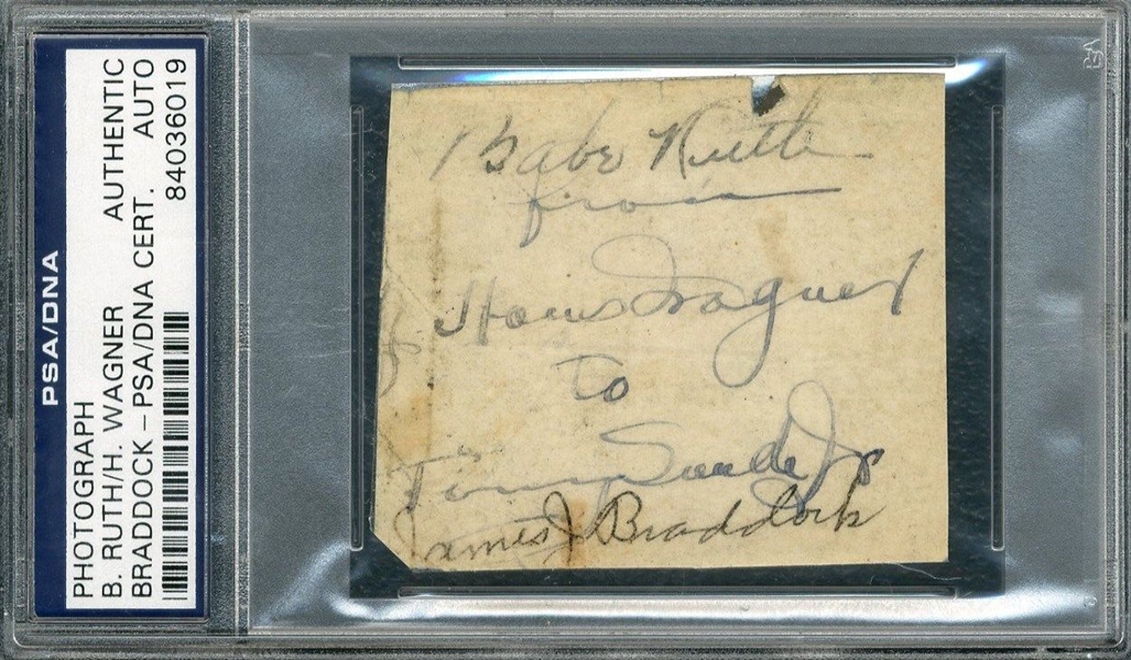 Sports Greats of the 1920s: Babe Ruth, Honus Wagner & James Braddock Multi-Signed 2.25" x 2.5" Album Page (PSA/DNA Encapsulated)