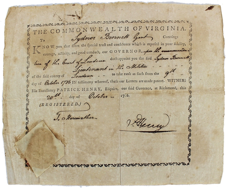 Governor Patrick Henry Signed Militia Appointment Document (BAS/Beckett)