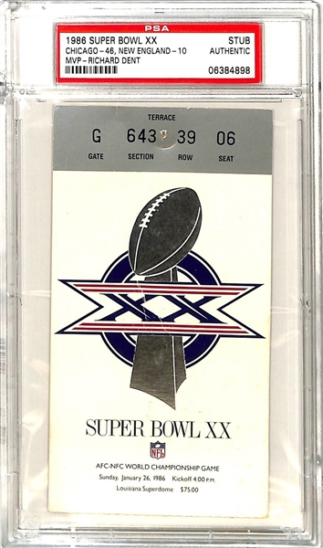 Super Bowl XX Used Ticket Stub - Bears vs. Patriots (PSA Encapsulated)