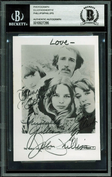 The Mamas and the Papas RARE Group Signed Postcard Photograph w/ All Four Members! (Beckett/BAS Encapsulated)