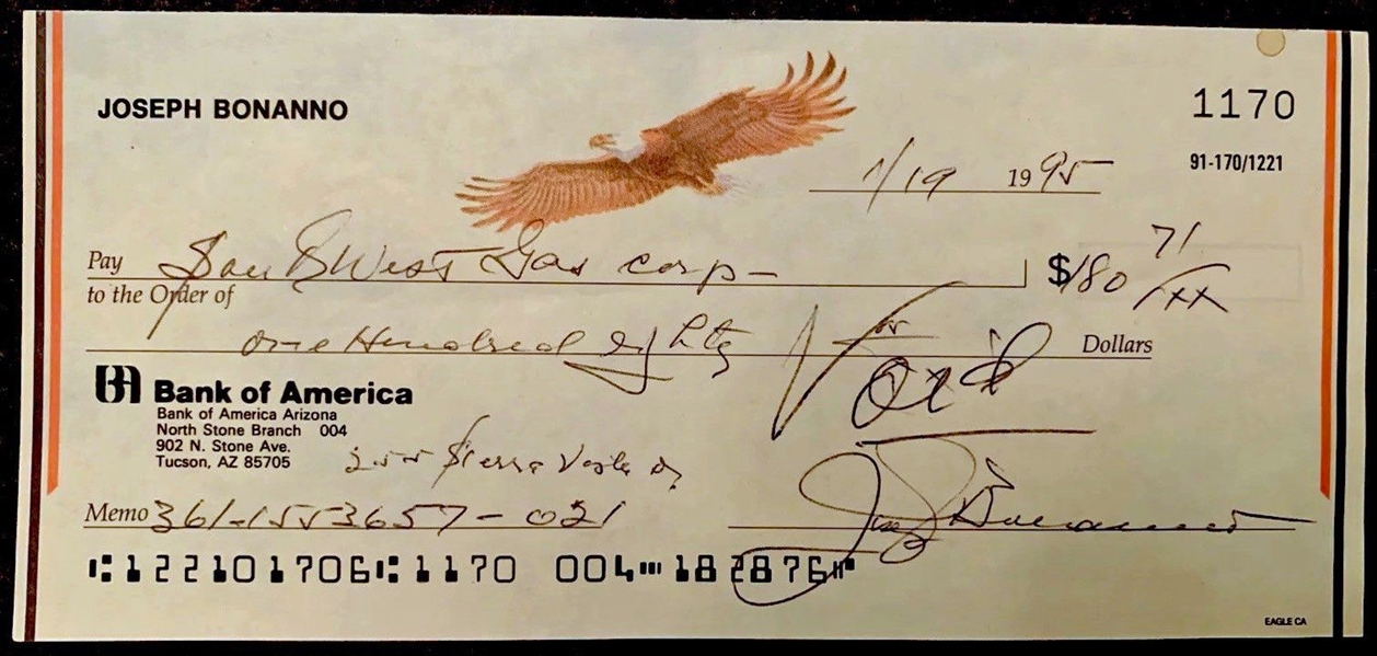 Joseph Bonanno Rare Signed & Hand Written 1995 Bank Check (Beckett/BAS Guaranteed)