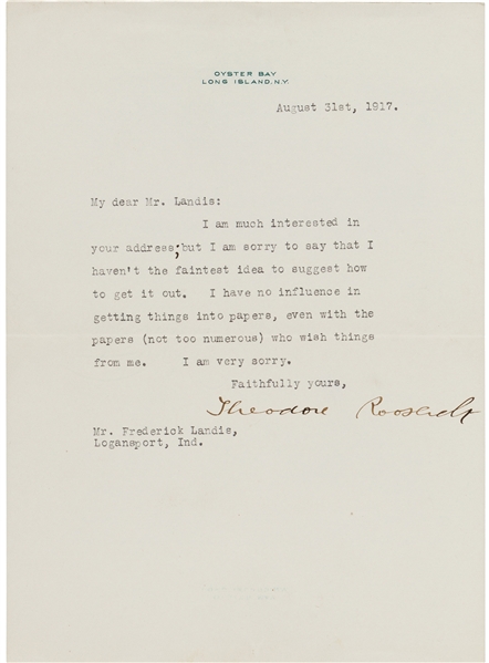 President Theodore Roosevelt Signed 1917 Oyster Bay Letter (Beckett/BAS)