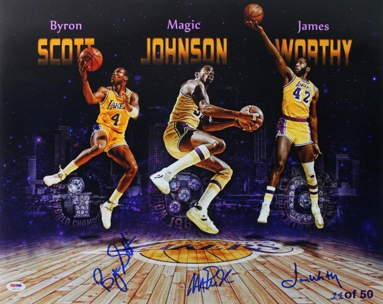 Magic Johnson, Byron Scott & James Worthy Signed Ltd. Ed. 16"x20" Photo (PSA/DNA)