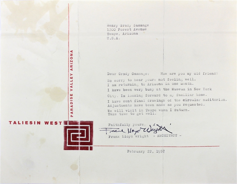 Frank Lloyd Wright Typed & Signed 1957 Letter Re: ASU Gammage Auditorium (Beckett/BAS)