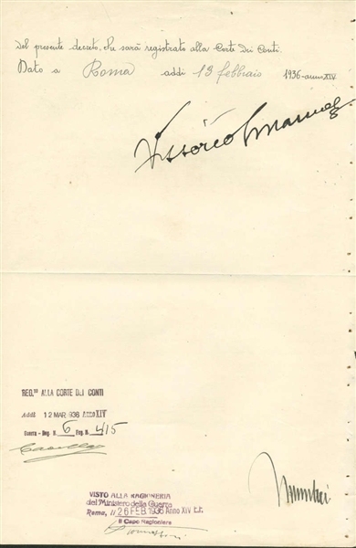 Benito Mussolini & Victor Emanuele Signed 1936 Document (Beckett/BAS)