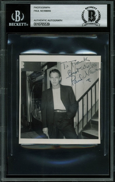 Paul Newman Rare Signed 3.25" x 3.5" Candid B&W Photograph (Beckett/BAS Encapsulated)