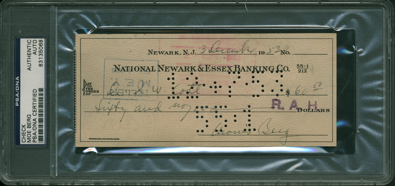 Moe Berg Signed & Hand Written 1953 Bank Check (PSA/DNA Encapsulated)