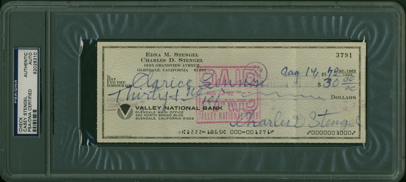 Casey Stengel Signed & Handwritten 1972 Bank Check (PSA/DNA Encapsulated)