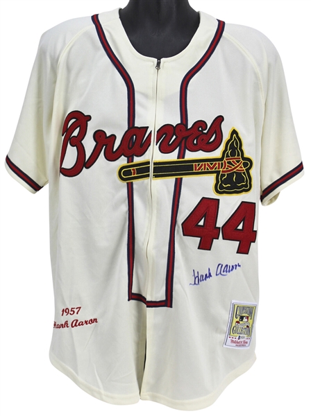 Hank Aaron Signed Mitchell & Ness 1957 Milwaukee Braves Vintage Style Jersey (Beckett/BAS)