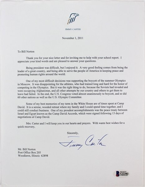Jimmy Carter Typed & Hand Signed 2011 Letter on Personal Letterhead w/ Great Presidential Content! (Beckett/BAS)