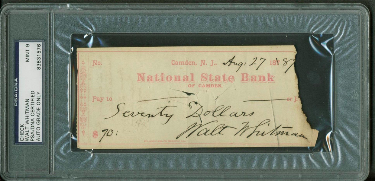 Walt Whitman Impressive Signed Bank Check Graded MINT 9 (PSA/DNA)