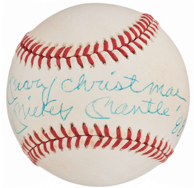 Mickey Mantle Unique Signed OAL Baseball w/ "Merry Christmas 88" Inscription (PSA/DNA Graded NM 7!)