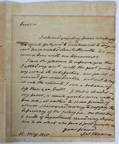 James Monroe Handwritten & Signed 1810 Letter - Beckett/BAS Graded MINT 9!