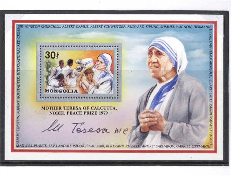 Mother Teresa Signed Commemorative Mongolian Stamp Page (Beckett/BAS)