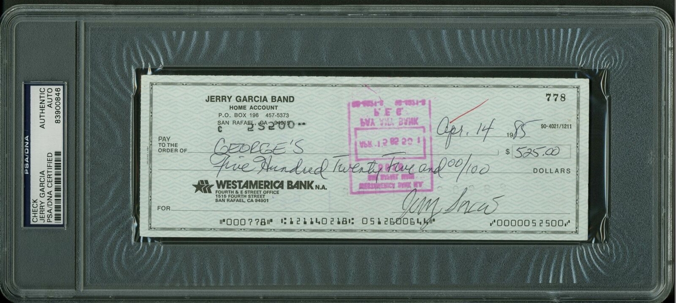 The Grateful Dead: Jerry Garcia Signed 1985 Bank Check (PSA/DNA Encapsulated)