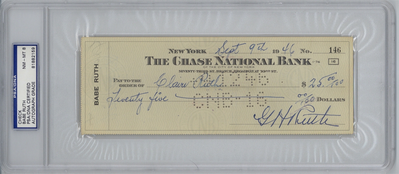 Babe Ruth Near-Mint Double Signed 1946 Bank Check To Claire Ruth! PSA/DNA NM-8!