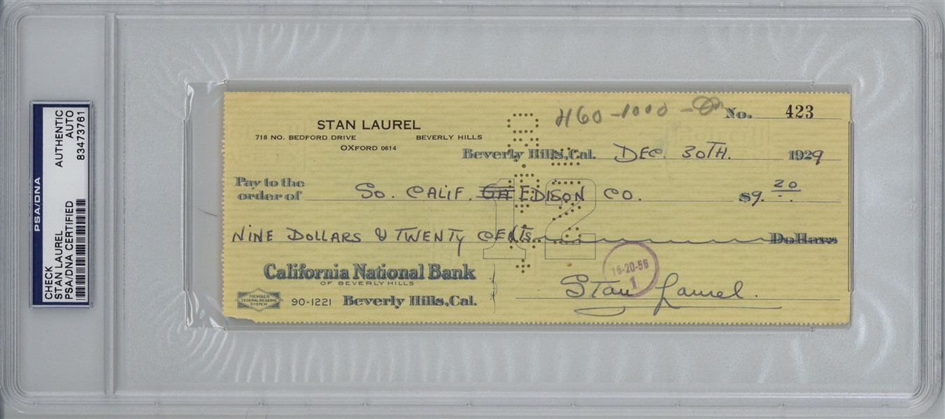 Stan Laurel Handwritten & Signed Bank Check (1929)(PSA/DNA Enapsulated)