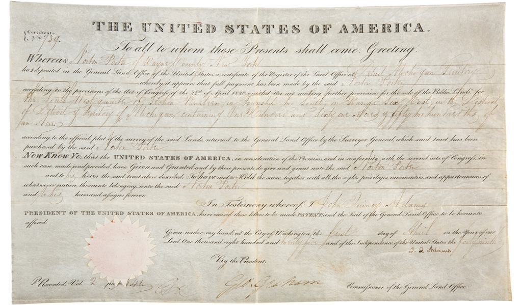 John Quincy Adams Signed 1825 Land Grant (Beckett/BAS Guaranteed)