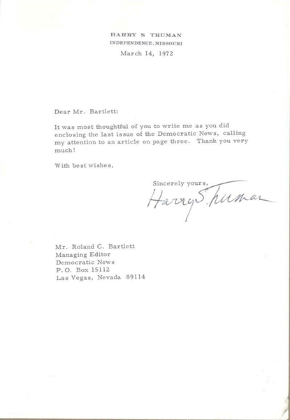 Harry Truman Signed 1972 Letter on Personal Letterhead (BAS/Beckett)