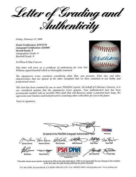 Ted Williams Signed OAL Baseball (PSA)