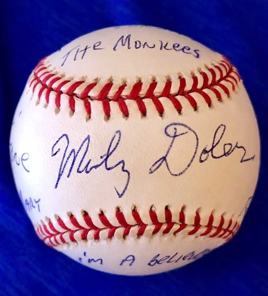 The Monkees: Micky Dolenz Signed OAL Baseball w/ Handwritten Song Titles (Beckett/BAS Guaranteed)