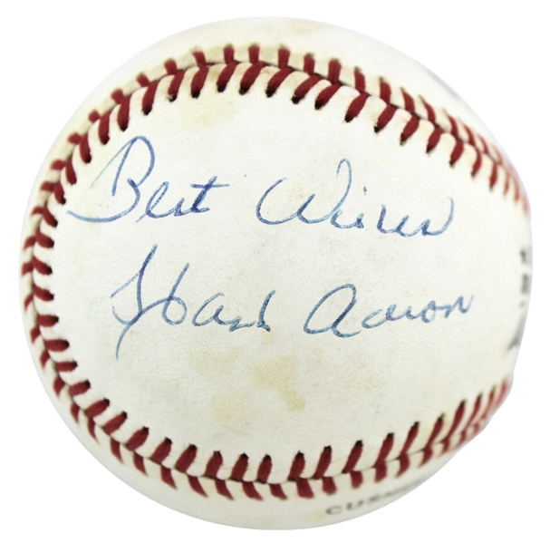 Hank Aaron Vintage Signed ONL (White) Baseball w/ Rare Best Wishes Inscription! (PSA/DNA)