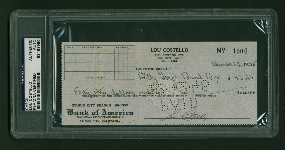 Lou Costello Near-Mint Signed & Handwritten 1945 Personal Bank Check (PSA/DNA Encapsulated)