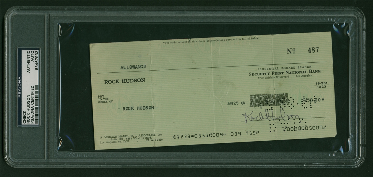 Rock Hudson Signed 1964 Personal Bank Check (PSA/DNA Encapsulated)