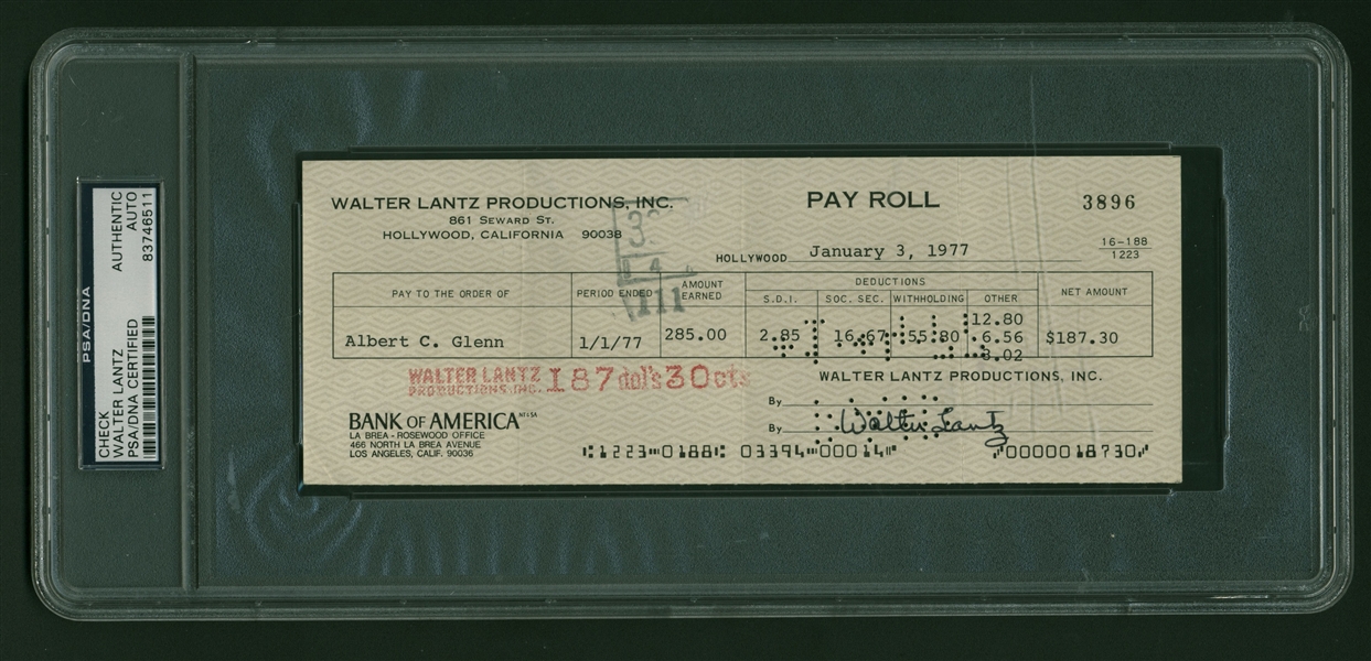 Walter Lantz Signed Personal Bank Check (PSA/DNA Encapsulated)