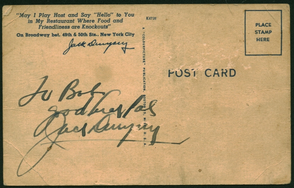 Jack Dempsey Signed & Inscribed Vintage Postcard from the Dempsey Restaurant (Beckett/BAS Guaranteed)
