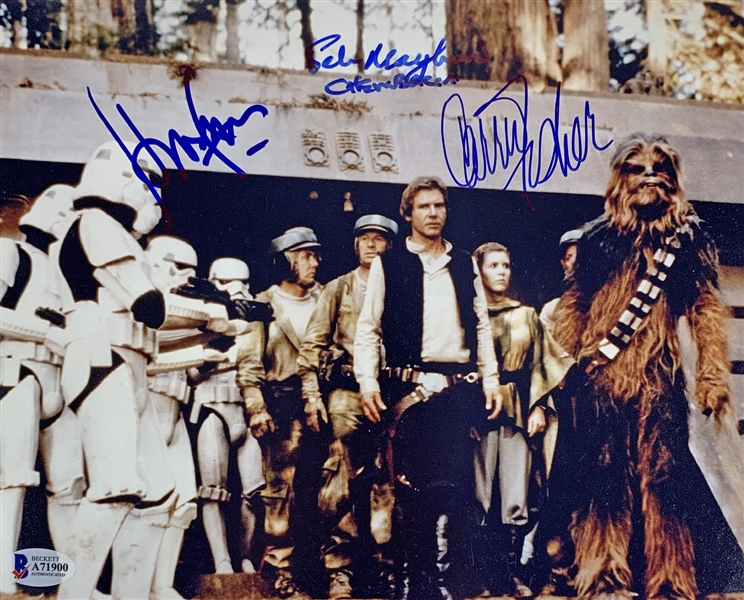 Star Wars: Harrison Ford, Carrie Fisher & Peter Mayhew Signed 8" x 10" Color Photo from "Return of the Jedi" (Beckett/BAS LOA)