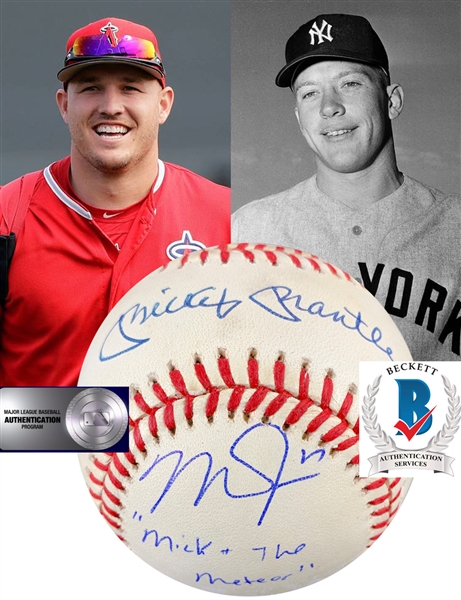 Mickey Mantle & Mike Trout Dual Signed OAL Baseball with Unique "Mick + The Meteor" Inscription (Beckett/BAS LOA & MLB Auth)