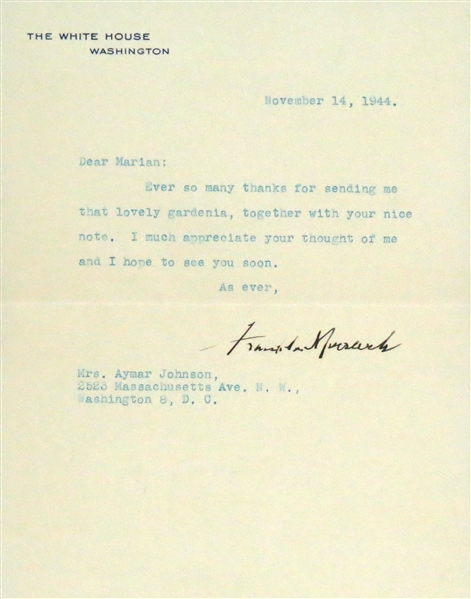 President Franklin D. Roosevelt Signed 1944 White House Letter (JSA)