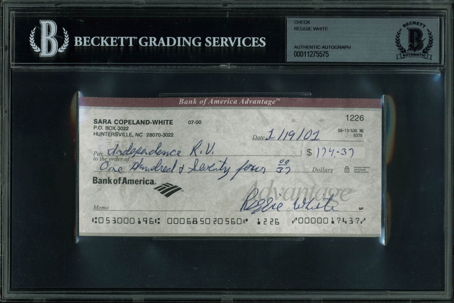 Reggie White Signed 2001 Personal Bank Check (Beckett/BAS Encapsulated)