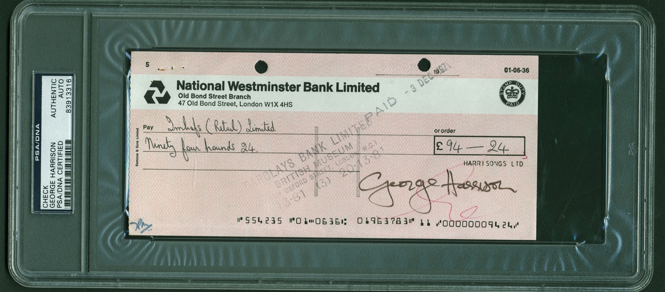 The Beatles: George Harrison Signed 1971 Bank Check (PSA/DNA Encapsulated)