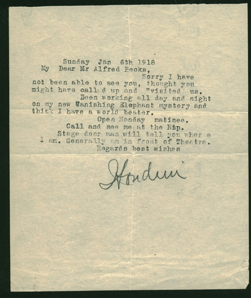 Harry Houdini Signed 1918 Letter, One Day Prior To "Vanishing Elephant Mystery" Trick! (Beckett/BAS)