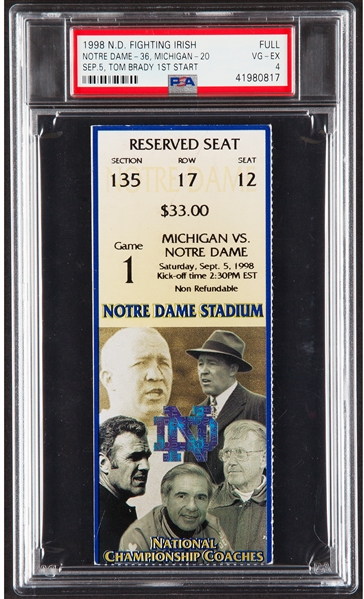 Tom Brady First NCAA Start: Rare 1998 Notre Dame vs. Michigan Game Ticket (PSA 4)