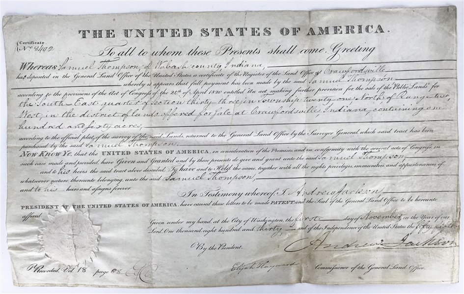 Andrew Jackson Signed Land Grant Document (Beckett/BAS)