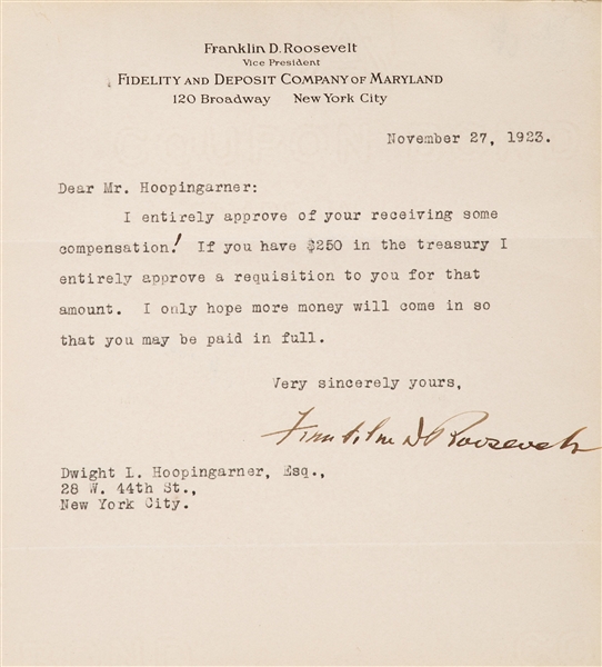 President Franklin D. Roosevelt Signed 1923 Typed Letter (Beckett/BAS)
