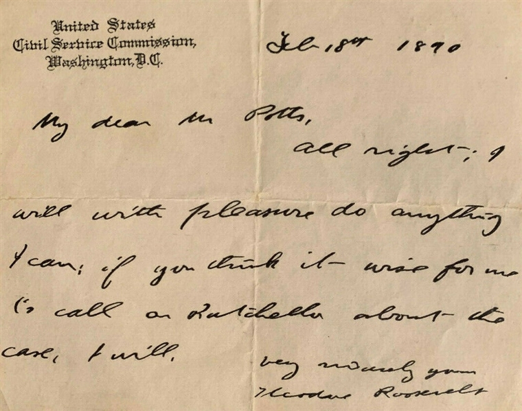 President Theodore Roosevelt Rare Early 1890 Handwritten & Signed 4" x 5" Letter (Beckett/BAS)