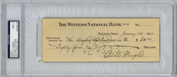 Orville Wright Superbly Signed 1913 Bank Check - PSA/DNA Graded MINT 9!