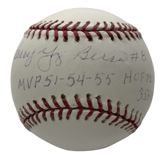 Yogi Berra Signed & Inscribed Full-Name Stat OML Baseball (Beckett/BAS Guaranteed)