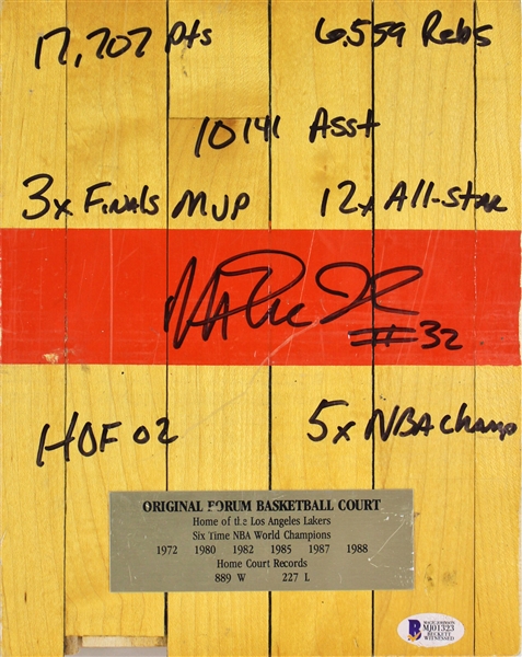 Magic Johnson Signed 8" x 10" LA Lakers Forum Floor Piece w/ Handwritten Career Stats (Beckett/BAS)