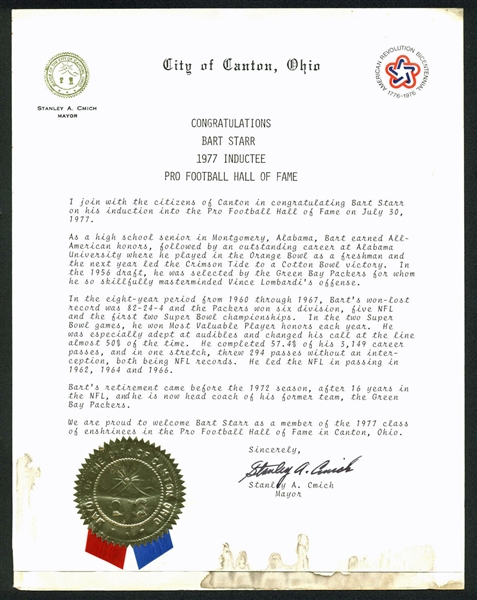 Amazing One-of-a-Kind Hall of Fame Induction Letter Personally Received by Bart Starr!