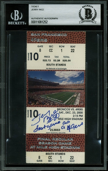 Jerry Rice Signed Ticket from Final Game w/ the 49ers (Beckett/BAS Encapsulated)