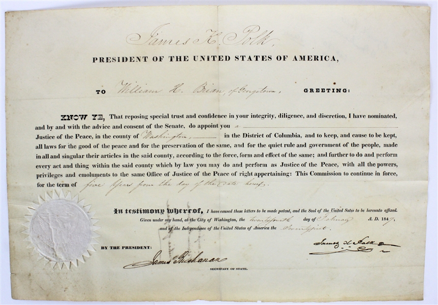 James Polk Desirable Signed 1847 Presidential Appointment - Also Signed by James Buchanan as Sec. of State! (BAS/Beckett)