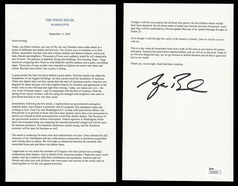 George W. Bush Signed 9/11 Souvenir Typescript (JSA)